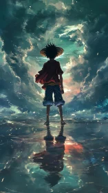 Silhouetted wanderer facing storm-split sky reflection.