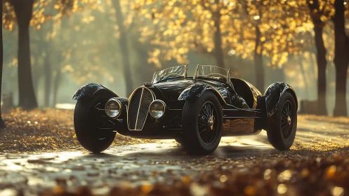 Streamlined vintage roadster under diffuse autumn backlighting.