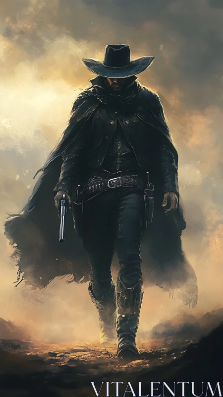 Gunslinger in tattered duster strides through burning haze.