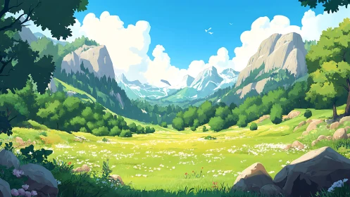 Sunlit mountain meadow opening into a peaceful green valley.