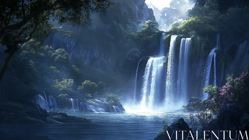 Layered waterfalls in dense forested gorge at dusk light.