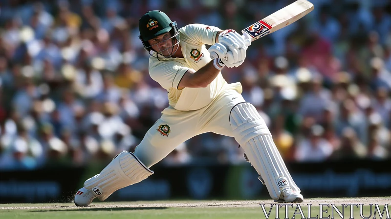 Cricket batsman carves a fierce cover drive through sunlit crowd