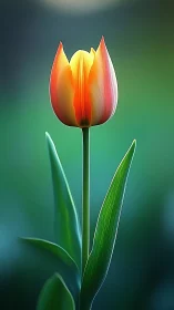 Single orange tulip stem with leaves against blurred green field.
