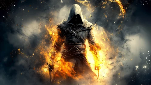 Hooded ember assassin rising from storm-lit inferno.