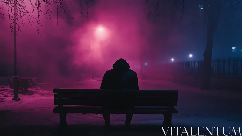 Solitary figure sits in neon mist beneath a quiet streetlamp