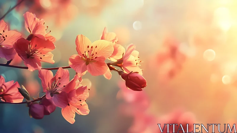 Pink and salmon-colored flowers on branch with diffused bokeh background.