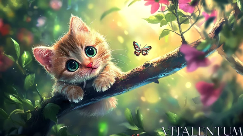 Luminous Feline Portrait with Cerulean Eyes and Architectural Foliage Composition