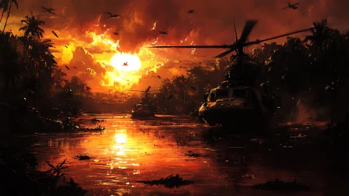 Helicopters over burning jungle river at war-torn sunset.