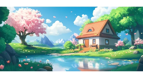 Sunny cottage beside spring pond under cherry blooms.