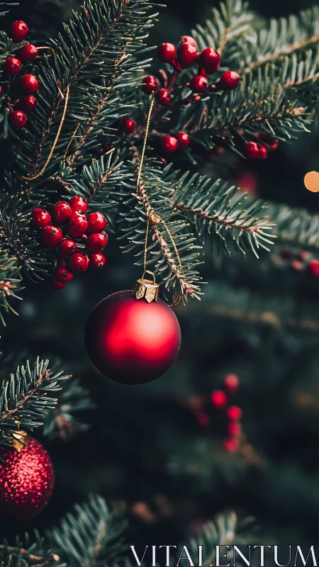 Red bauble and berries on evergreen Christmas branch.