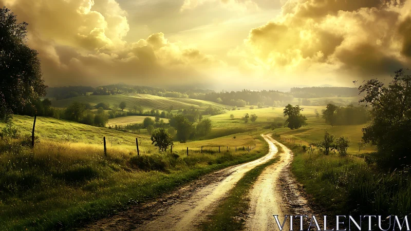 Rural dirt road curving through sunlit pastoral valley at dusk
