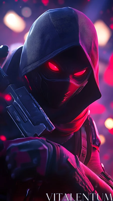 Hooded masked figure with red eyes in neon environment.