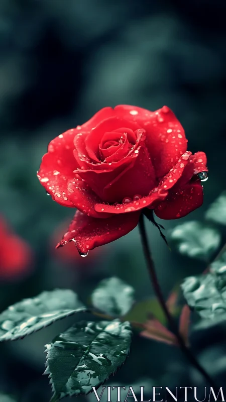 Crimson Rose with Hydrophobic Petals and Condensed Moisture Droplets.
