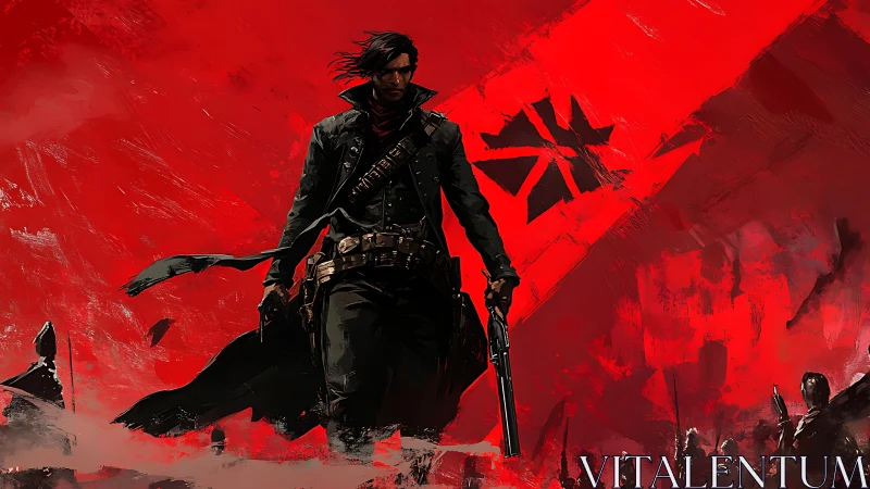 Solitary gunfighter advances under abstract crimson war banner