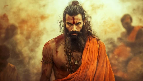 Warrior monk strides through smoke with intense fiery gaze.