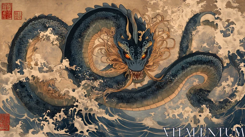 Mythic sea dragon coils through storm-torn indigo waves.