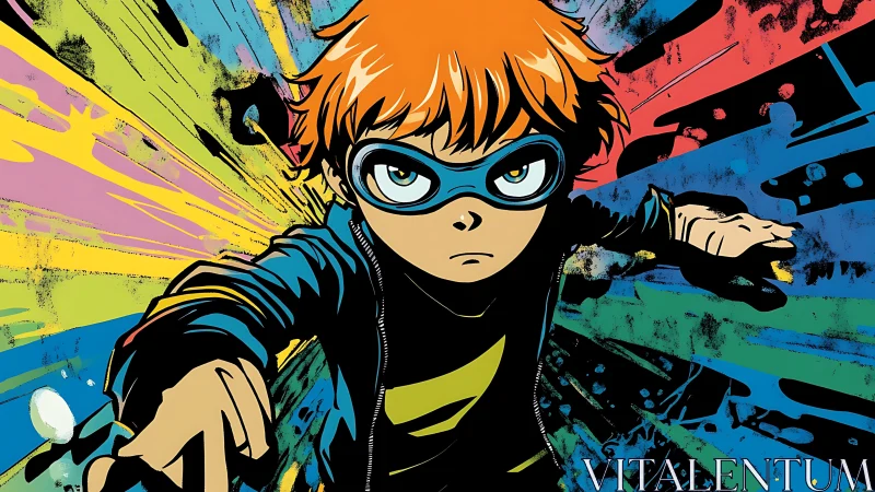 Young masked hero charges through vivid comic energy burst.
