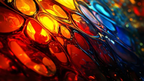 Abstract stained glass with vibrant red, yellow, and blue colors.