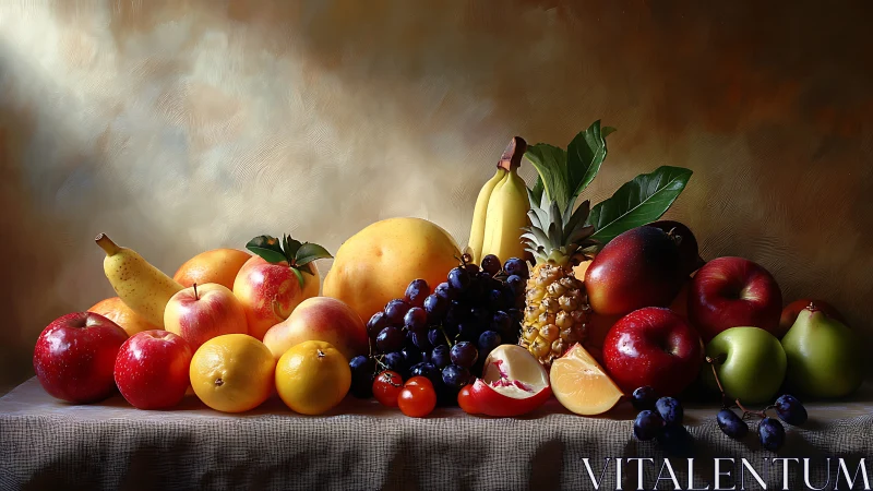 Luminous still life spread of assorted ripe seasonal fruits.