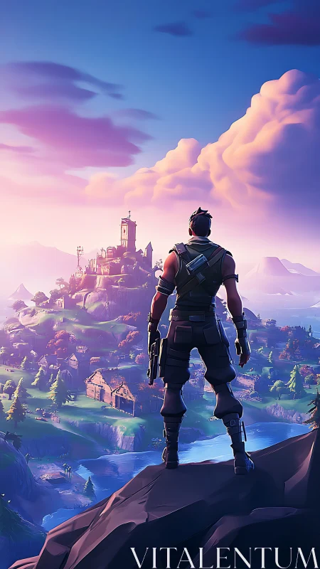 Game character overlooking stylized valley landscape.