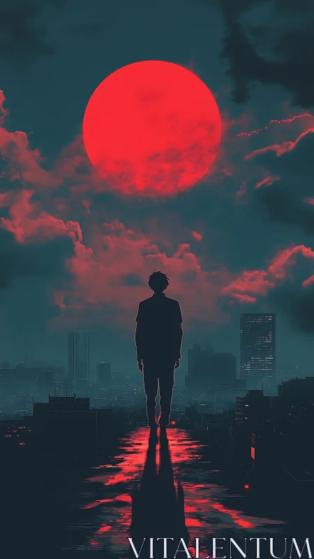 Crimson moonlight embraces a lone figure above the city