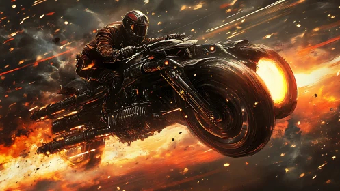 Ballistic hoverbike rider in infernal plasma exhaust bloom.