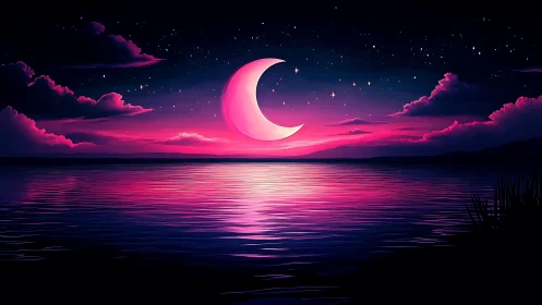 Dreamy crescent moon drifting over a glowing pink sea.