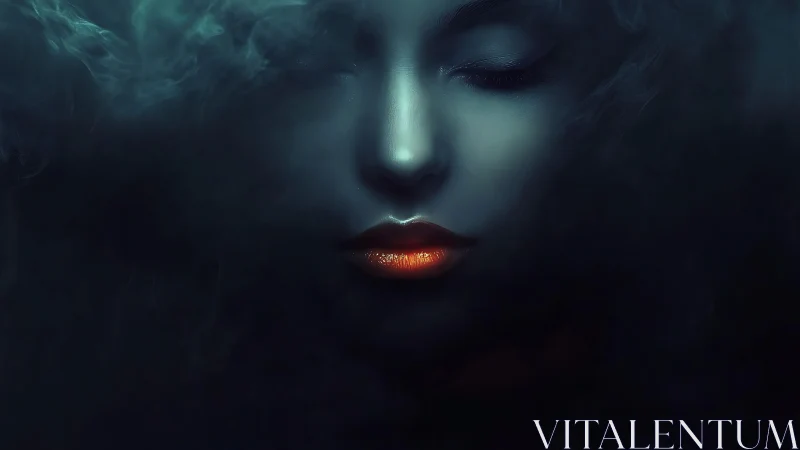 Low-key portrait isolates luminous lips in volumetric blue haze