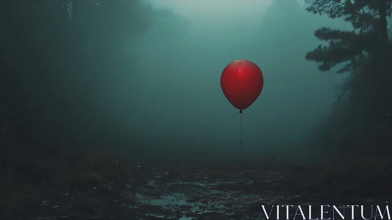 Solitary red balloon contrasts dense blue-green forest fog