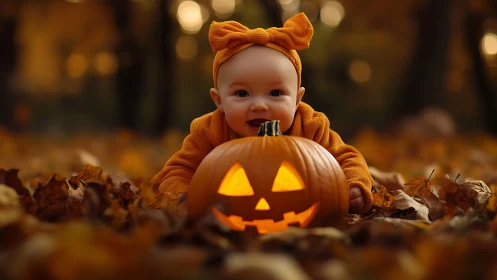 Baby in orange costume with glowing Jack-o'-lantern.