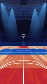 Silent arena spotlight on a lone basketball hoop at center court.