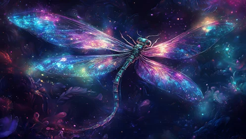 Glowing dragonfly hovers in deep space like nebula wings