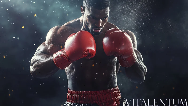 Professional boxer executing defensive guard with red boxing gloves