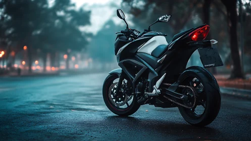 Sport motorcycle on wet urban street at blue hour, rear view