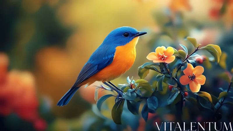 Vibrant blue and orange songbird perched on flowering branch, digital art.