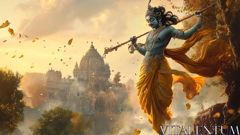 Radiant blue deity strides above a golden temple city at dawn