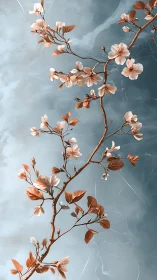 Cherry blossom branch on soft blue marble background.