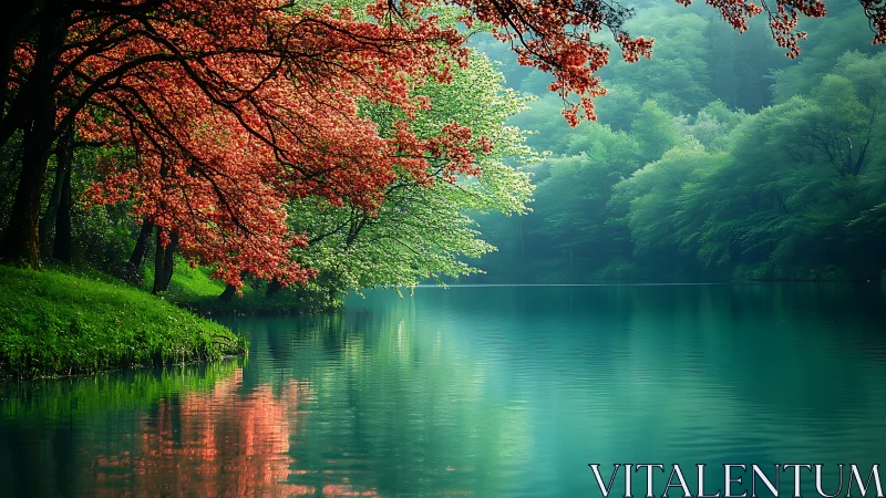 Tranquil forest lake with vivid red blossoms reflected.