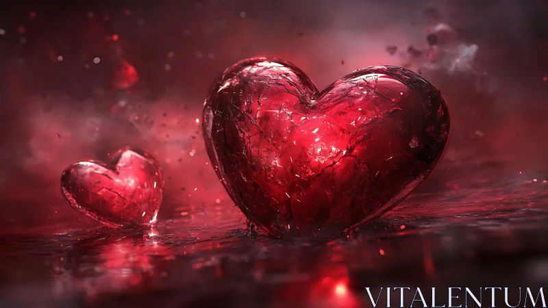Luminous Glass Hearts in Red Atmospheric Light.