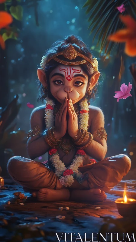 Divine child monkey figure in garlanded forest shrine lighting.