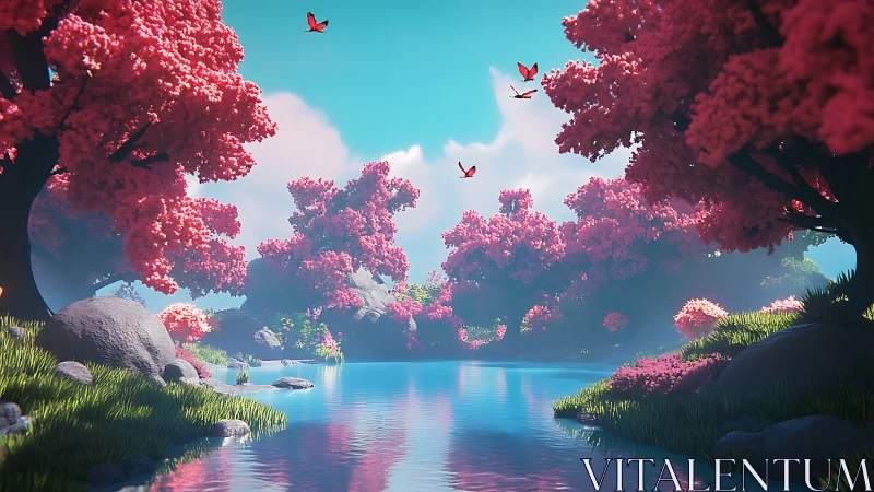 Enchanted pink riverside glows under clear spring skies