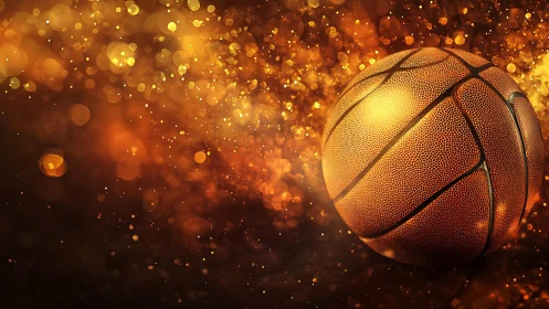 Golden basketball glows amid vivid bokeh light field.
