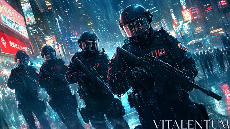 Riot police advance through neon soaked city streets in rain