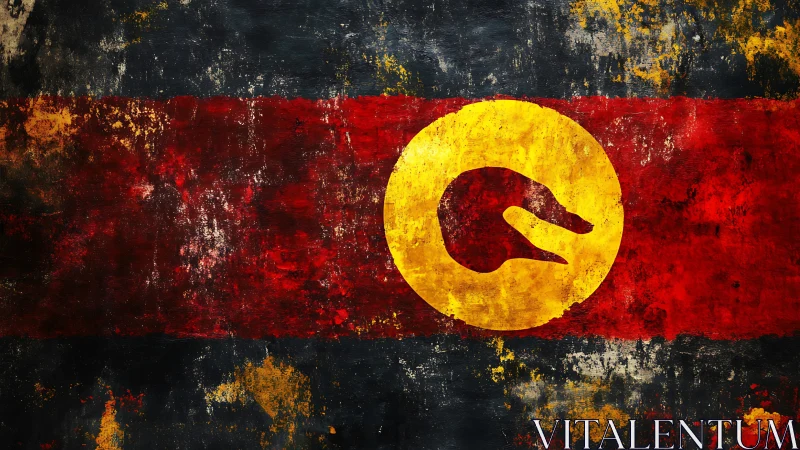 Heavily weathered tricolor flag with circular emblem and stylized claw