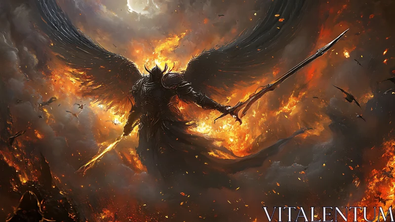 Armored dark angel wields blazing spear in fiery storm.
