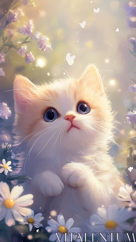 White kitten with blue eyes surrounded by purple flowers and butterflies.