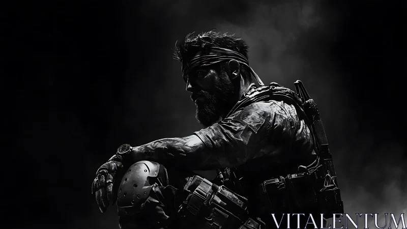 Battle-worn tactical soldier resting in stark monochrome.