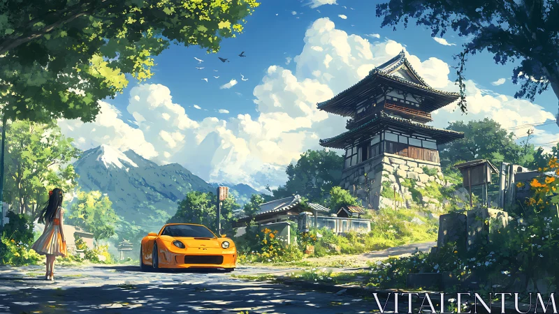 Orange sports car under temple tower in sunny mountain village.