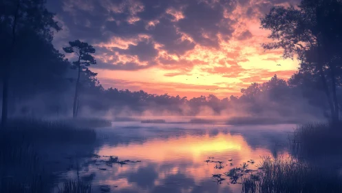 Mist covered lake at sunrise with vivid reflected sky.