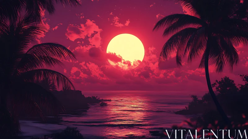 Neon dream sunset ignites a tranquil tropical shoreline.